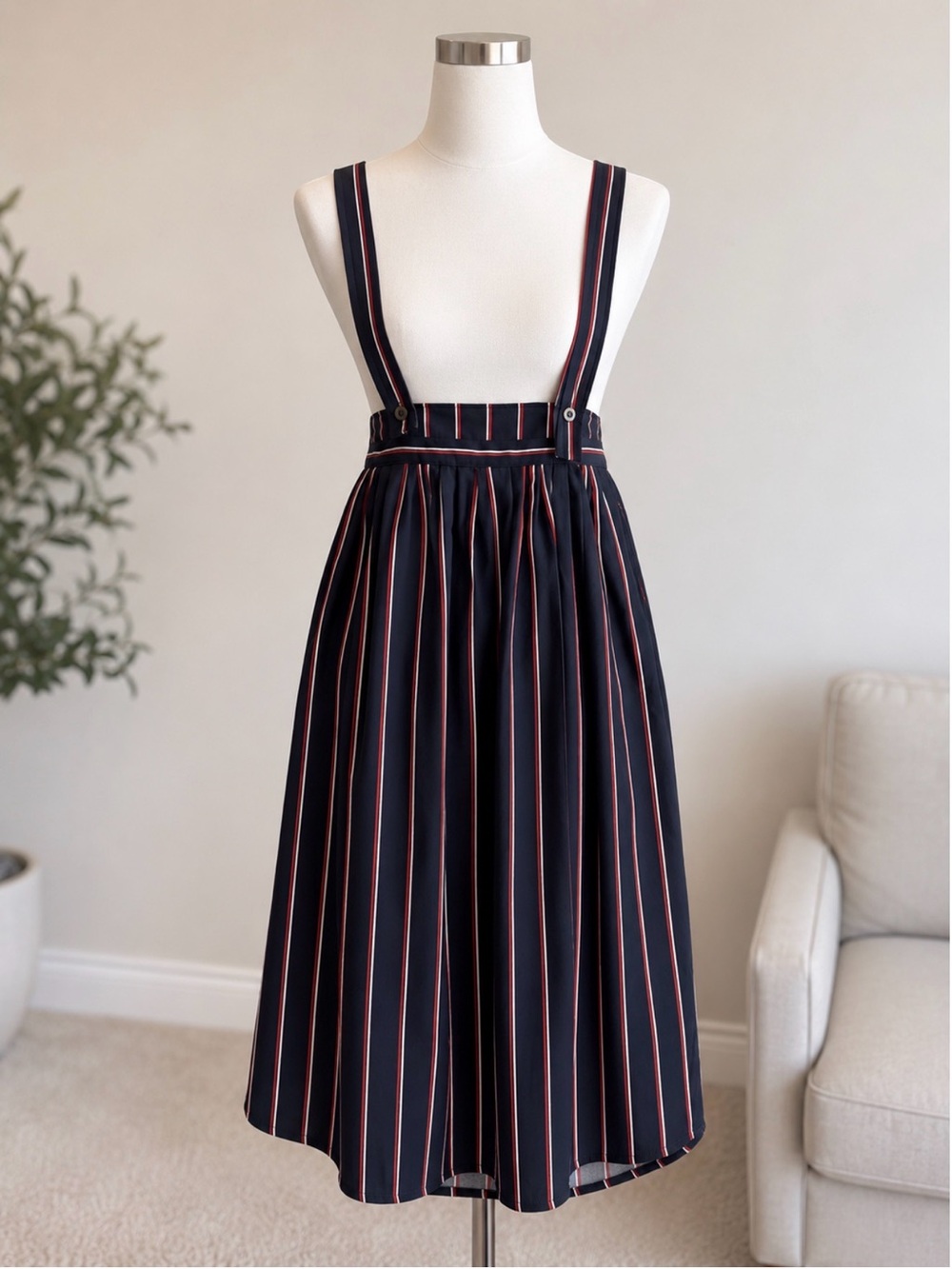 Navy Pinstripe Suspender Midi Skirt